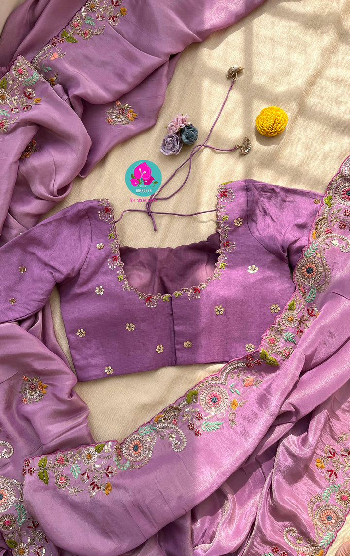 Hand embroidered soft and flowy tissue georgette saree with hand embroidered blouse