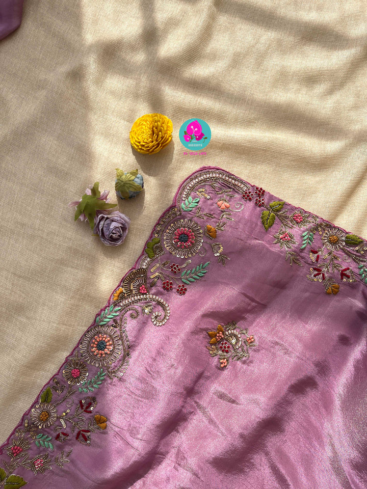 Hand embroidered soft and flowy tissue georgette saree with hand embroidered blouse