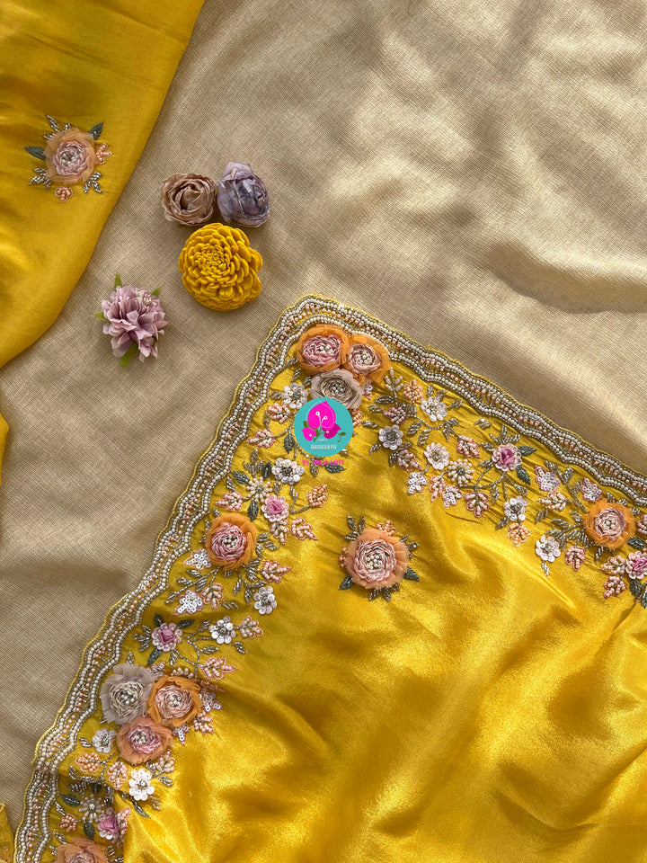 Yellow soft tissue georgette saree with Handmade appliqué flowers with hand embroidered blouse