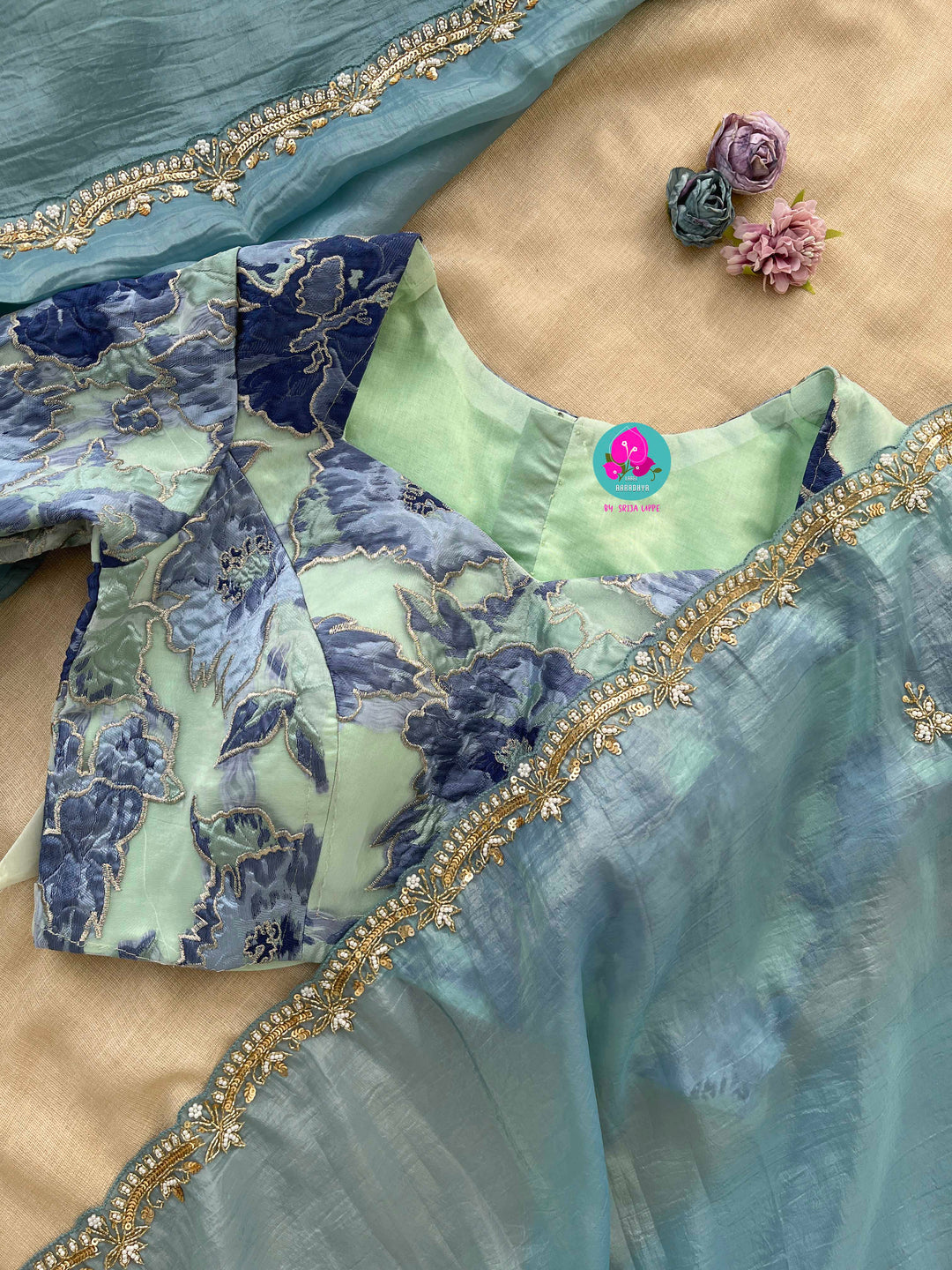 Soft crush organza saree with hand embroidery Paired with Embroidered fashion blouse