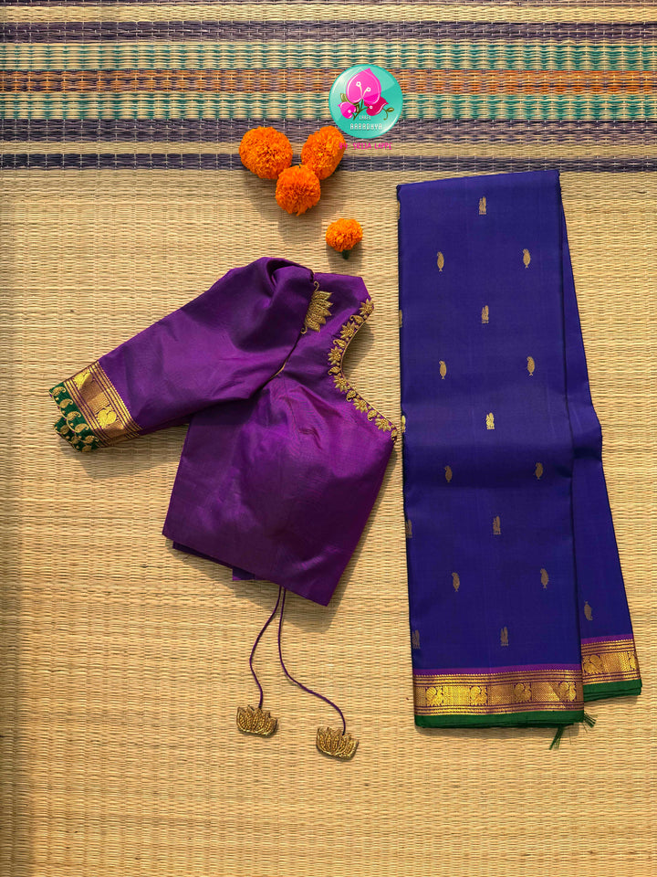 The Sapphire Sovereign: Royal Blue Kanchipattu Saree with Purple Hand-Embroidered Artistry