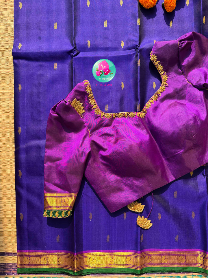 The Sapphire Sovereign: Royal Blue Kanchipattu Saree with Purple Hand-Embroidered Artistry
