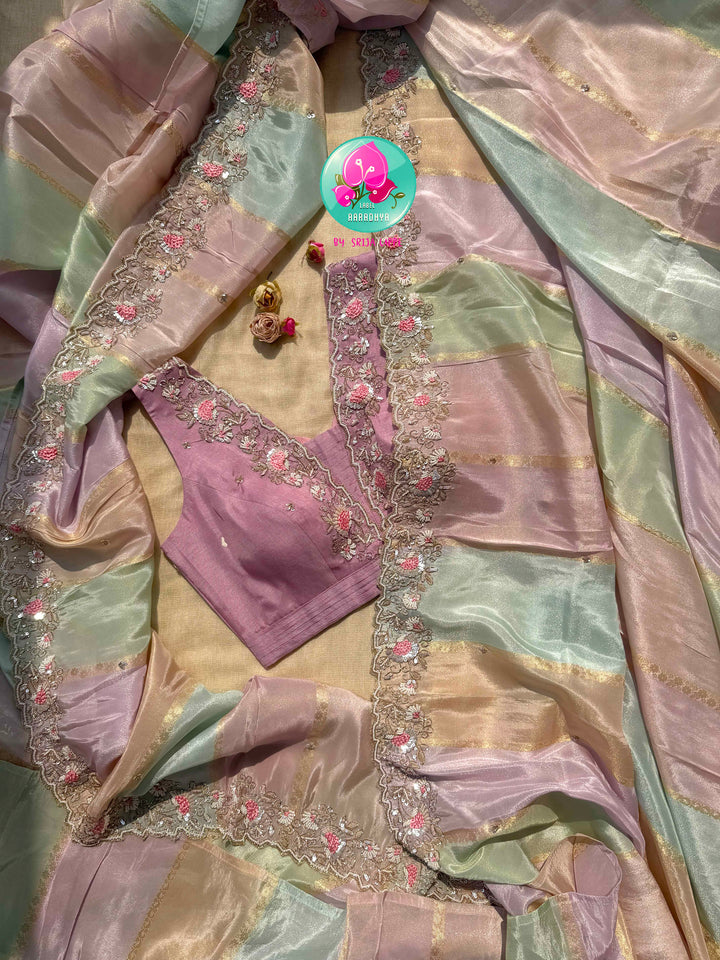 The Pastel Watercolor Symphony: Soft Tissue Georgette with Scalloped Artistry