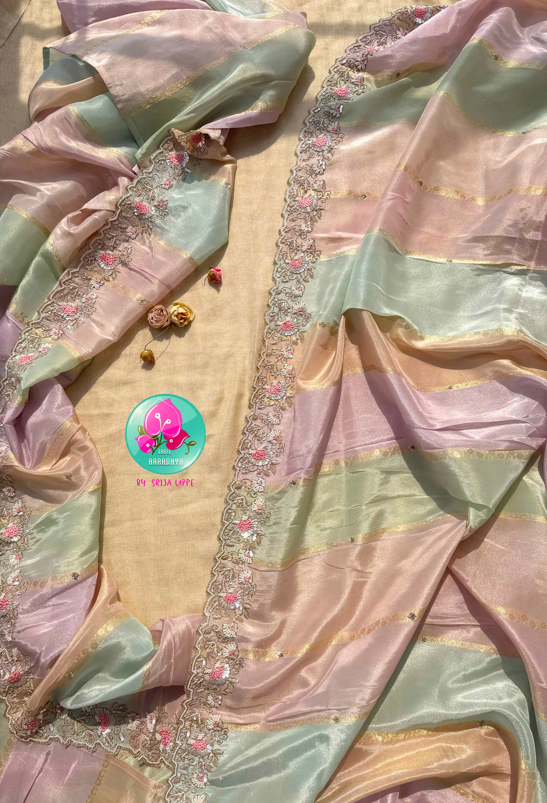 The Pastel Watercolor Symphony: Soft Tissue Georgette with Scalloped Artistry