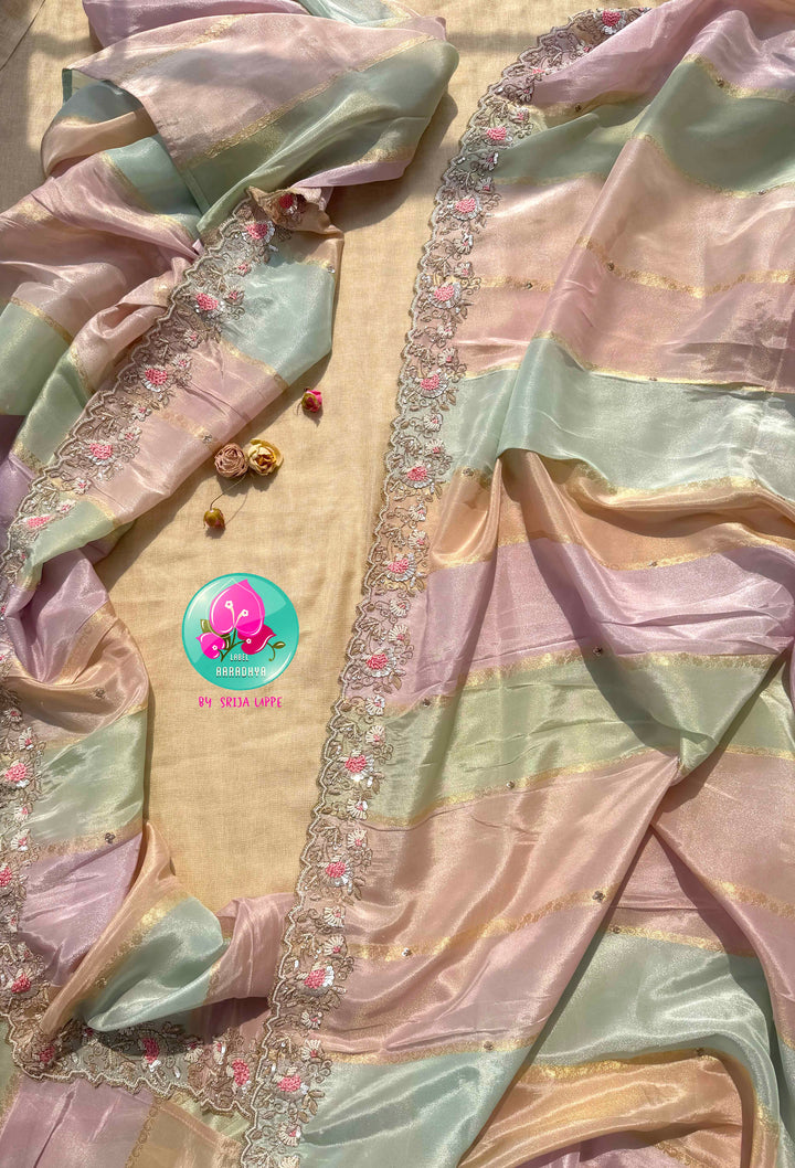 The Pastel Watercolor Symphony: Soft Tissue Georgette with Scalloped Artistry
