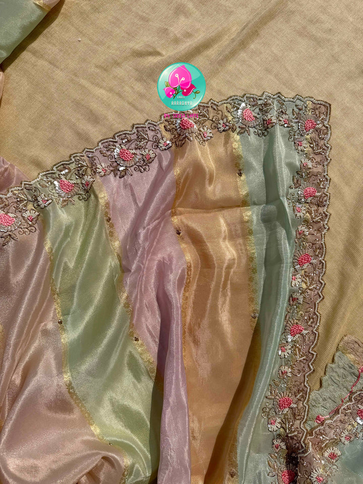 The Pastel Watercolor Symphony: Soft Tissue Georgette with Scalloped Artistry