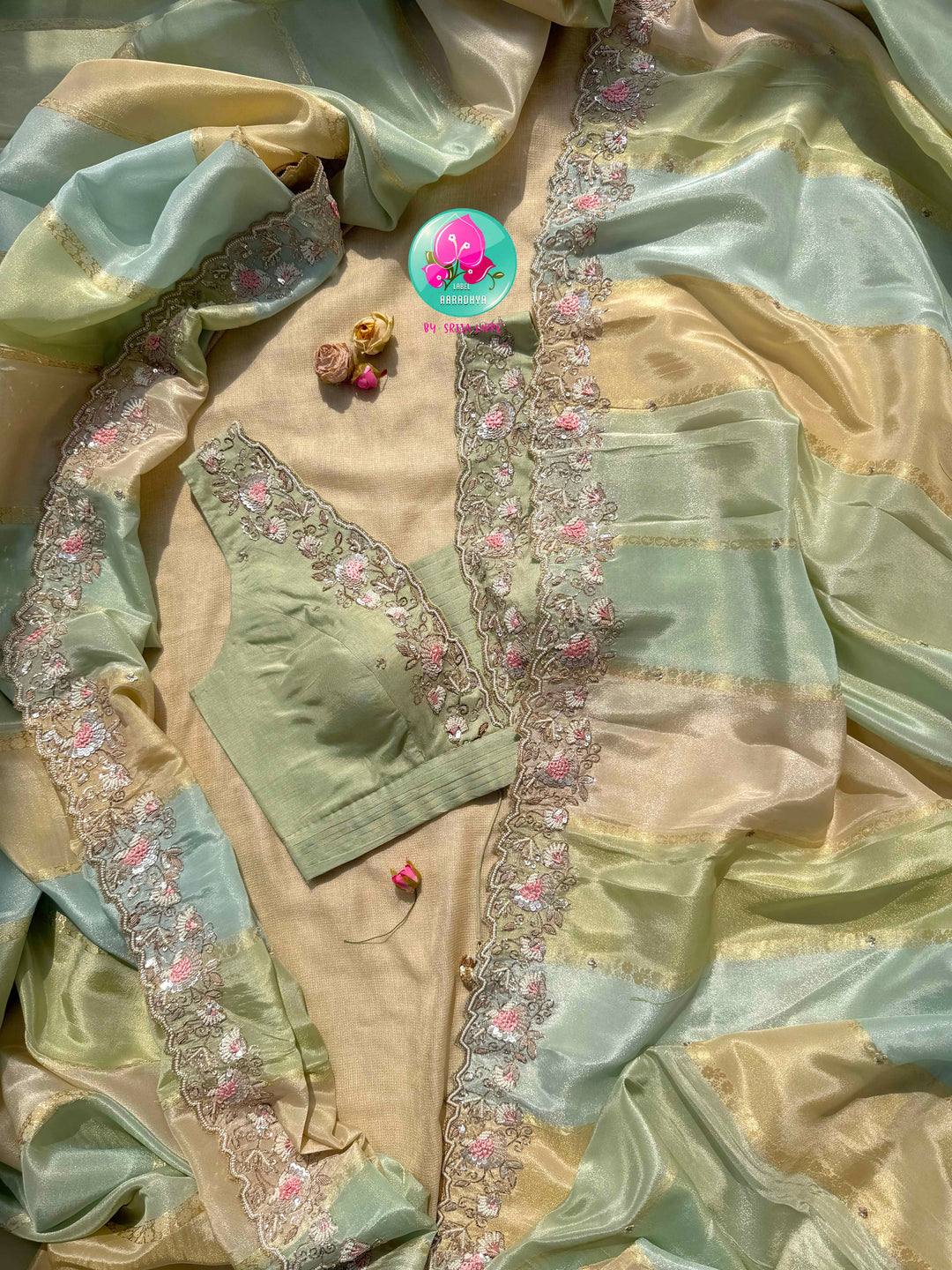 The Indigo Marigold: Pure Tissue Georgette Silk in Midnight Blue, Green & Luminous Tuscan Yellow