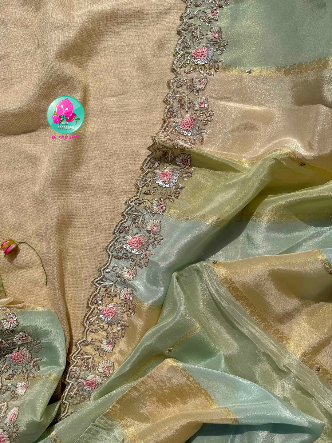 The Indigo Marigold: Pure Tissue Georgette Silk in Midnight Blue, Green & Luminous Tuscan Yellow