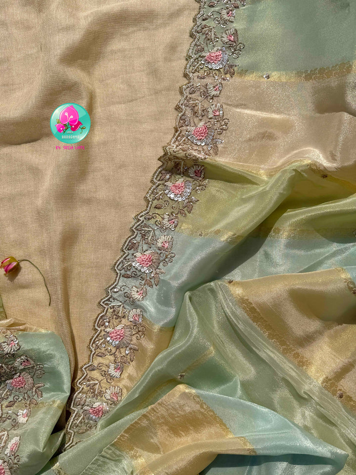 The Indigo Marigold: Pure Tissue Georgette Silk in Midnight Blue, Green & Luminous Tuscan Yellow