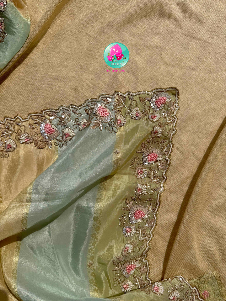 The Indigo Marigold: Pure Tissue Georgette Silk in Midnight Blue, Green & Luminous Tuscan Yellow