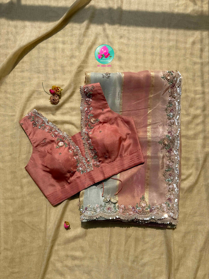Whispering Petals: The Multi-Hued Tissue Georgette & Rose Amber Ensemble