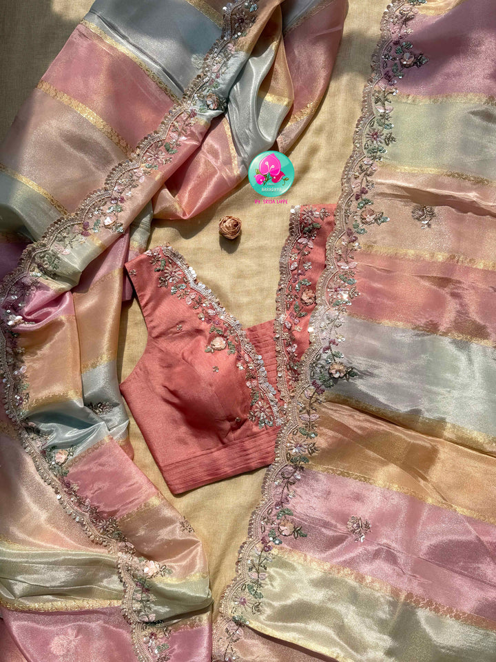 Whispering Petals: The Multi-Hued Tissue Georgette & Rose Amber Ensemble