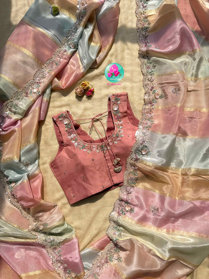 Whispering Petals: The Multi-Hued Tissue Georgette & Rose Amber Ensemble