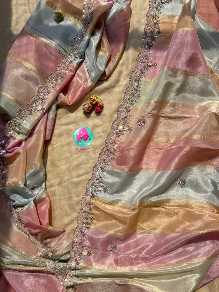 Whispering Petals: The Multi-Hued Tissue Georgette & Rose Amber Ensemble