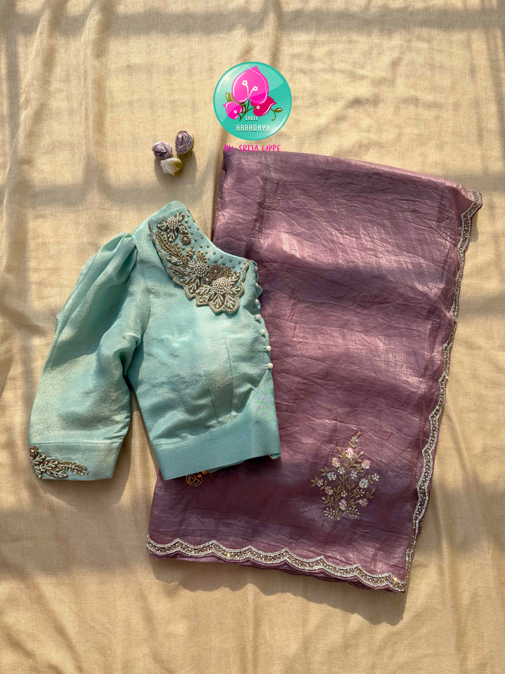Whispers of a Pastel Reverie: The Crushed Organza in Mauve & Aquamarine Blouse