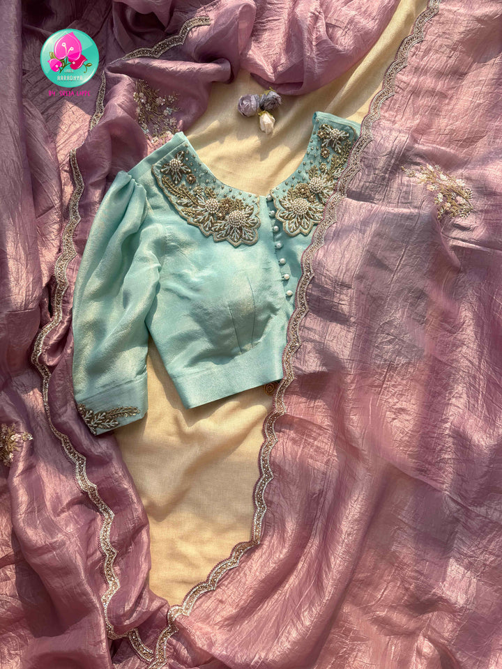 Whispers of a Pastel Reverie: The Crushed Organza in Mauve & Aquamarine Blouse