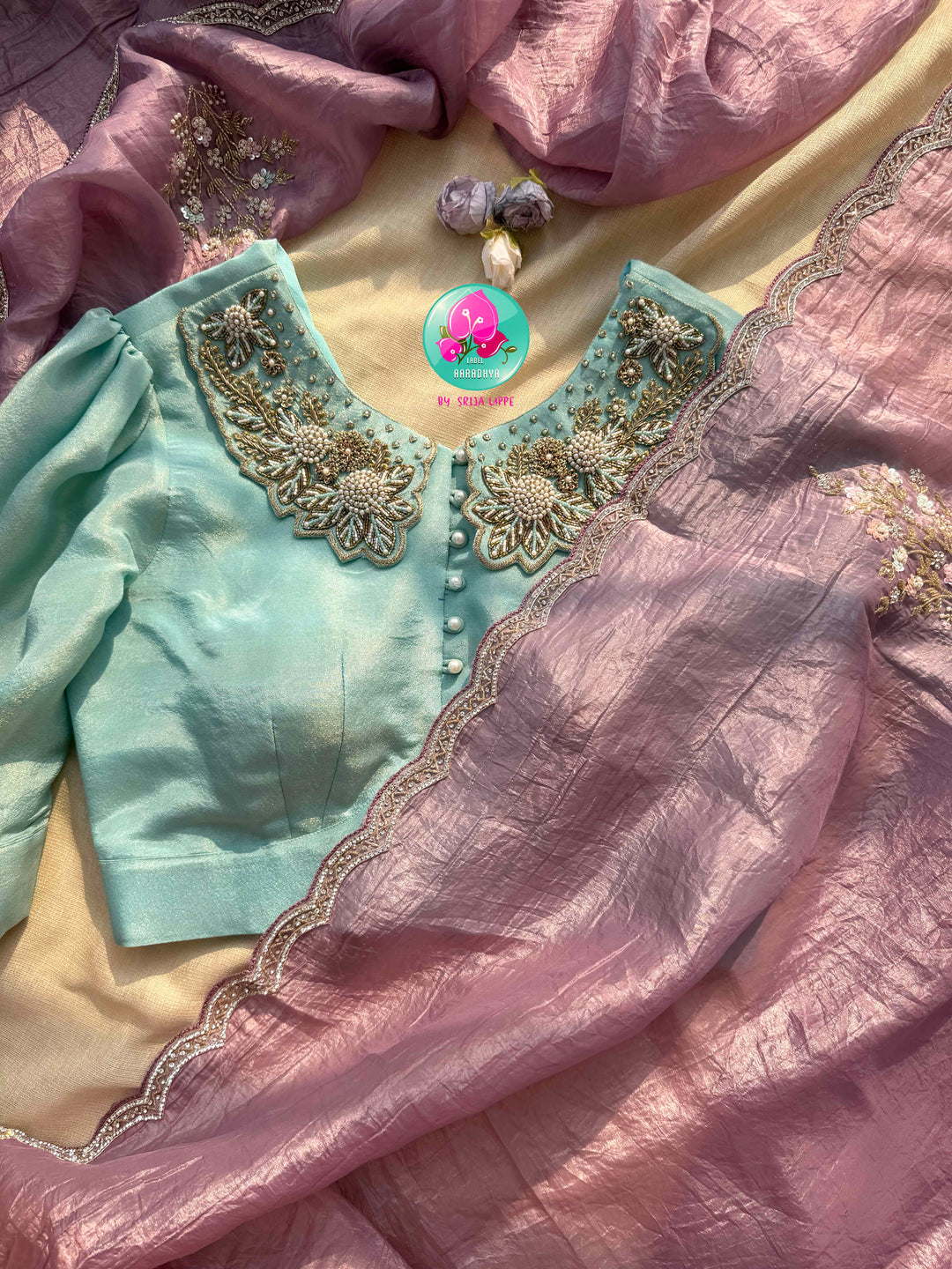 Whispers of a Pastel Reverie: The Crushed Organza in Mauve & Aquamarine Blouse