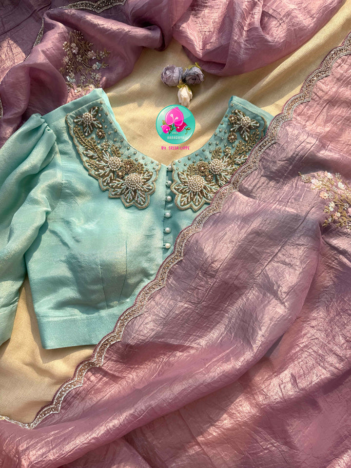 Whispers of a Pastel Reverie: The Crushed Organza in Mauve & Aquamarine Blouse