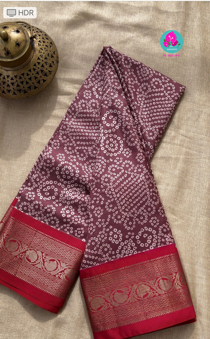 Red Grape color bandhani printed saree with red border