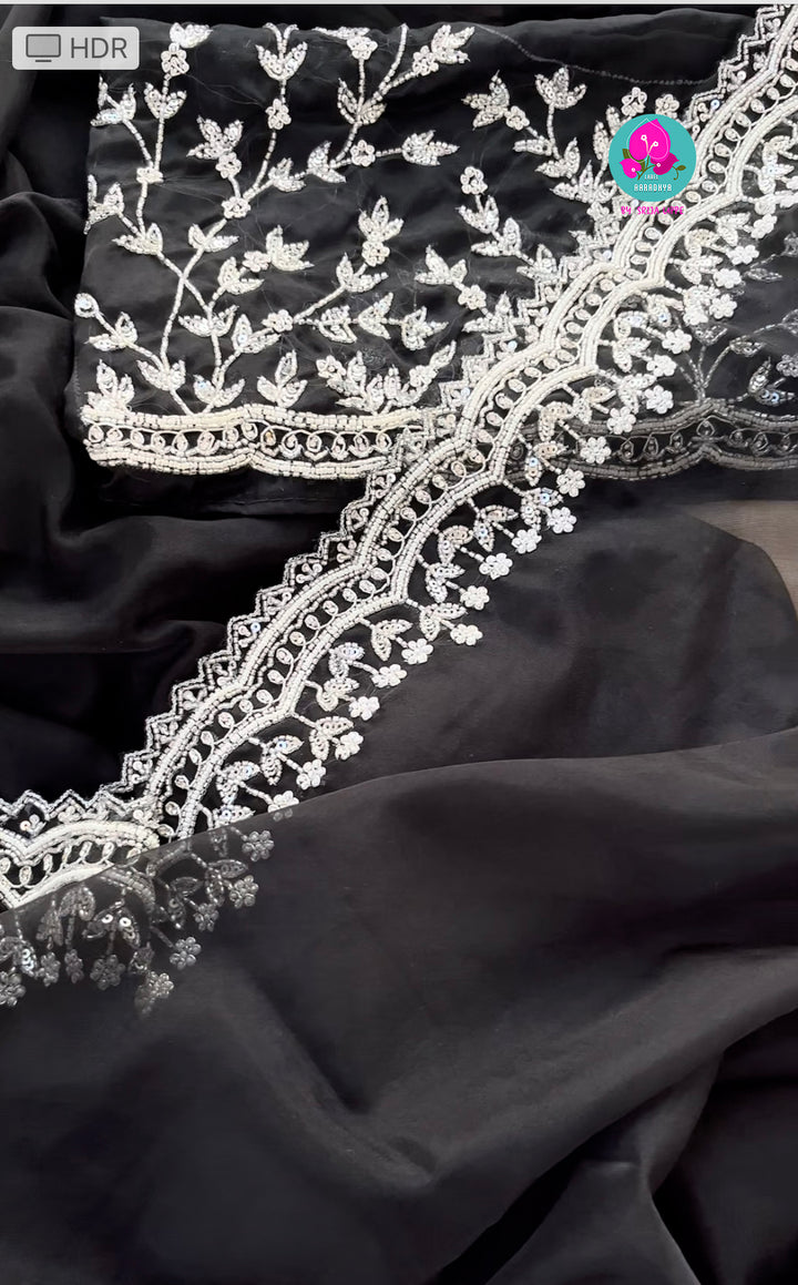 Soft organza silk hand embroidered saree in black