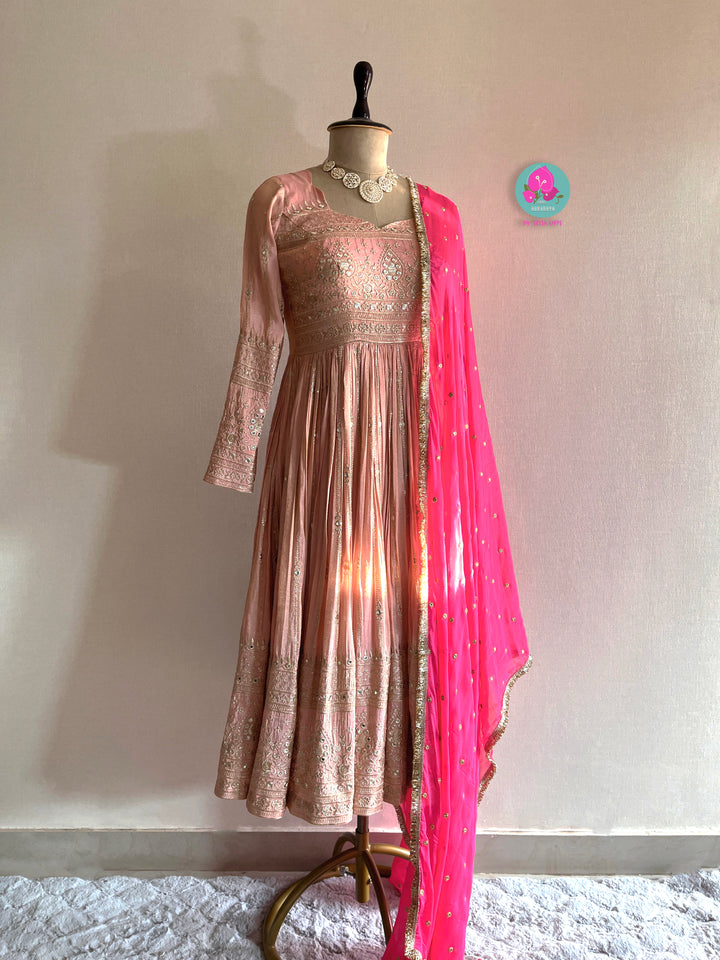 Peach Mirror Embroidered Tissue Georgette Anarkali with Dupatta