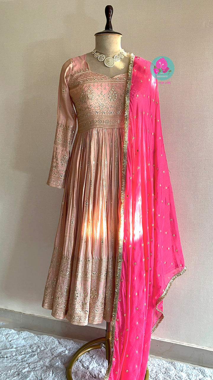 Peach Mirror Embroidered Tissue Georgette Anarkali with Dupatta