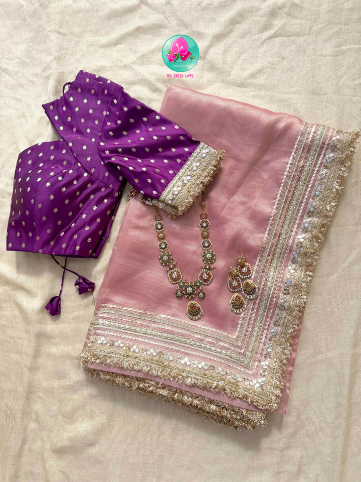 Gilded Romance: The Rose Gold Tissue & Royal Purple Brocade Paired with Sabyasachi-inspired fashion jewelry set