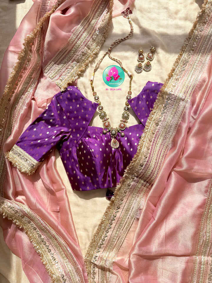 Gilded Romance: The Rose Gold Tissue & Royal Purple Brocade Paired with Sabyasachi-inspired fashion jewelry set