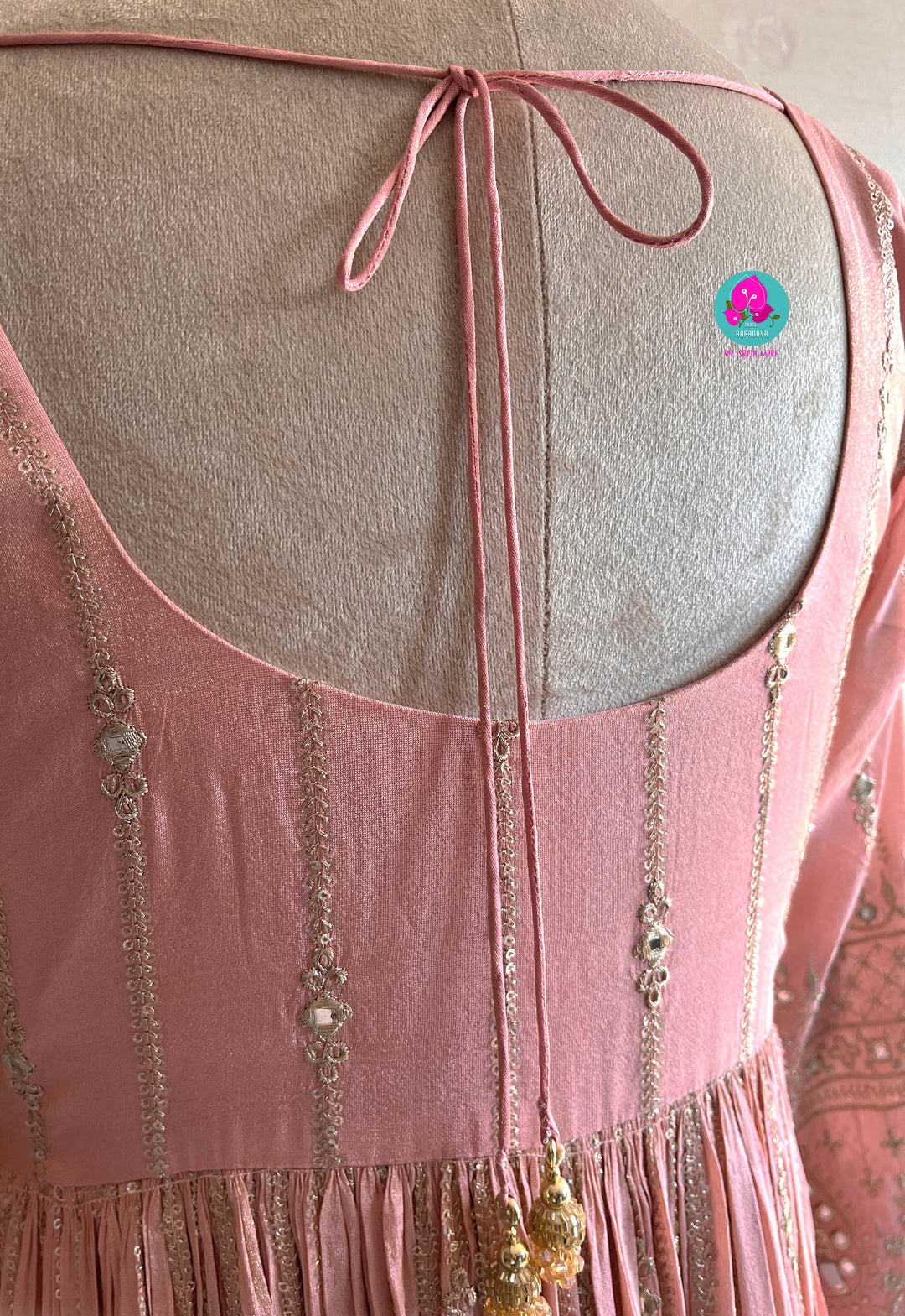 Peach Mirror Embroidered Tissue Georgette Anarkali with Dupatta