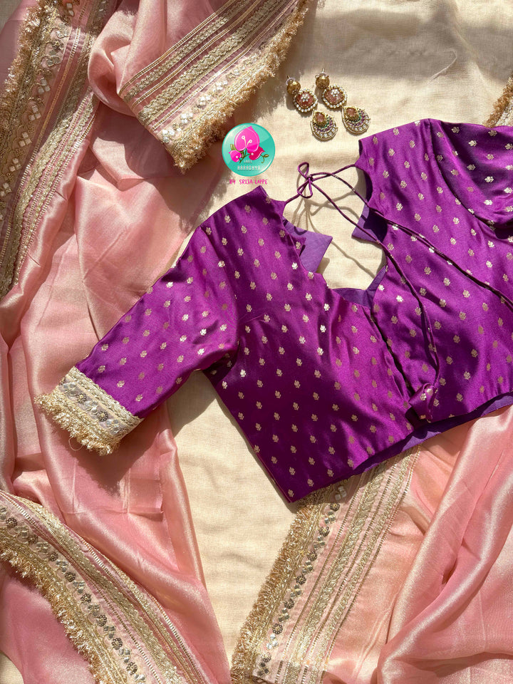 Gilded Romance: The Rose Gold Tissue & Royal Purple Brocade Paired with Sabyasachi-inspired fashion jewelry set