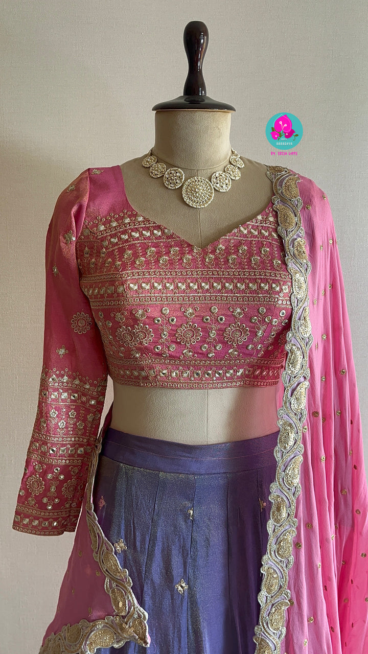 Pink & Purple Mirror Embroidered Tissue Georgette Lehenga Set