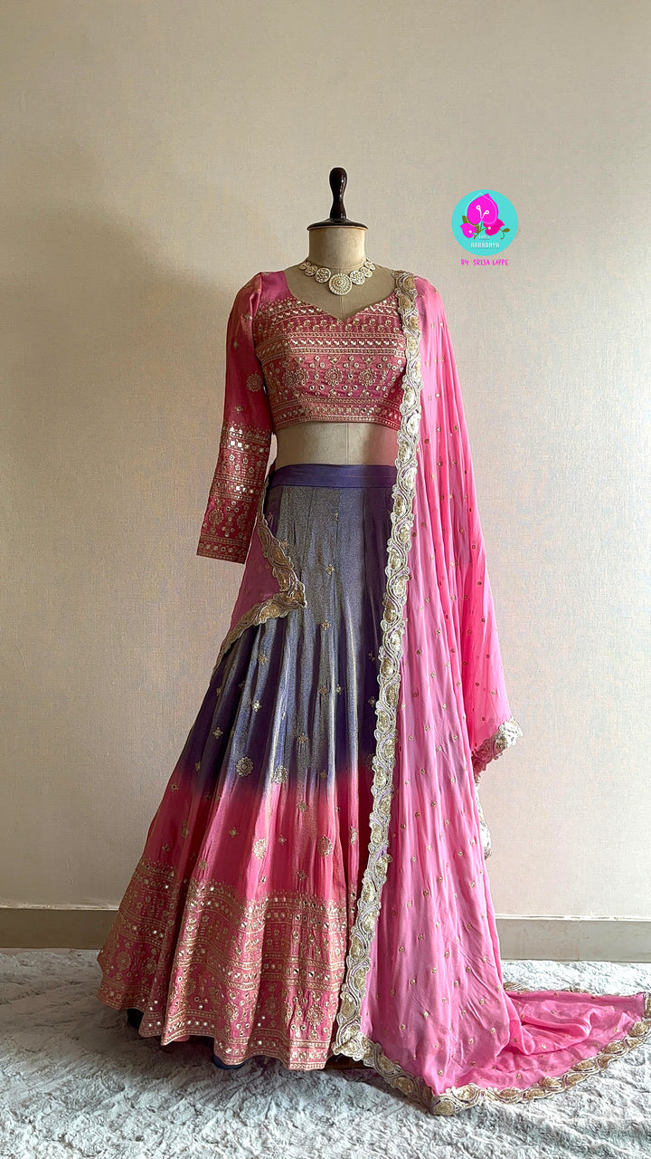 Pink & Purple Mirror Embroidered Tissue Georgette Lehenga Set