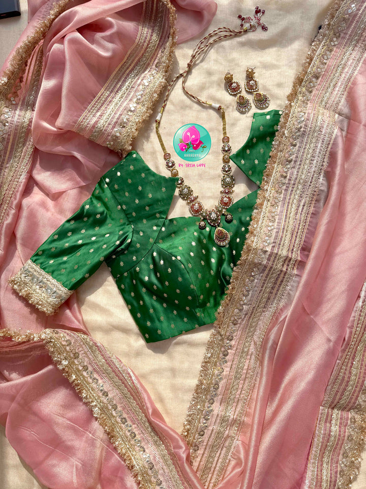 Gilded Meadows: The Rose Gold Tissue & Emerald Brocade Paired with Sabyasachi-inspired fashion jewelry set