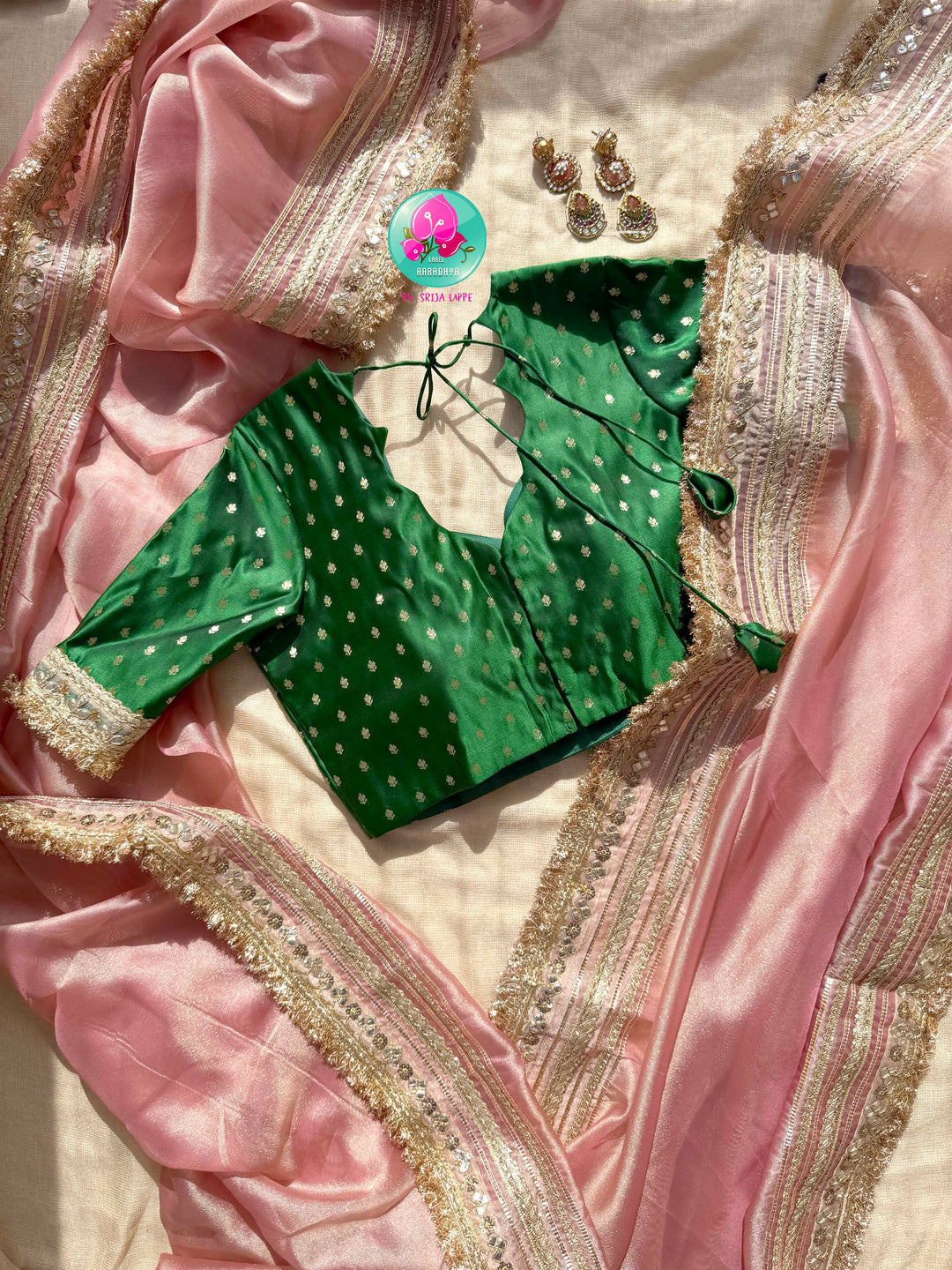 Gilded Meadows: The Rose Gold Tissue & Emerald Brocade Paired with Sabyasachi-inspired fashion jewelry set
