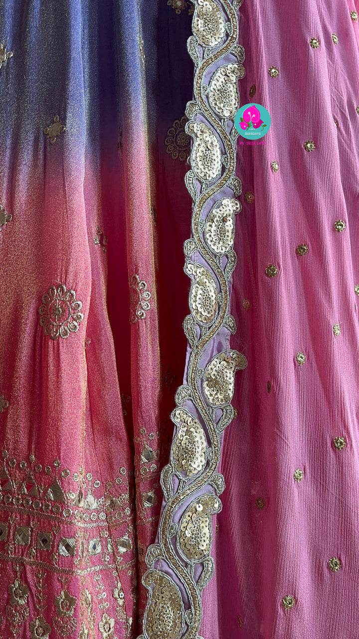 Pink & Purple Mirror Embroidered Tissue Georgette Lehenga Set