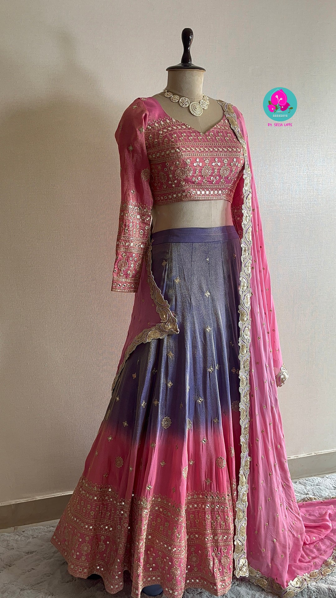 Pink & Purple Mirror Embroidered Tissue Georgette Lehenga Set