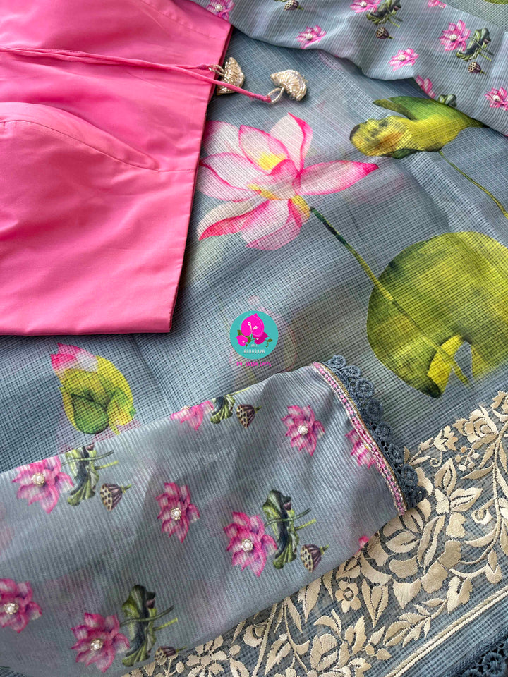 Kota silk saree in pretty floral design With embroidery at border paired with full sleeves blouse