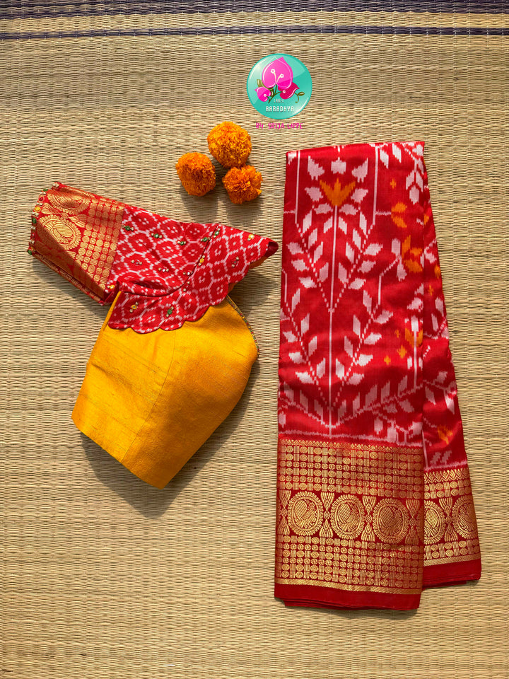 Crimson Flame & Gilded Glass: Bright Red Ikkat Silk with Kanchi Heritage