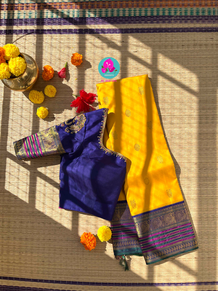 Suvarna Ganneru Splendor: Vintage Yellow Kanchipattu Saree with Artisan Blue Blouse
