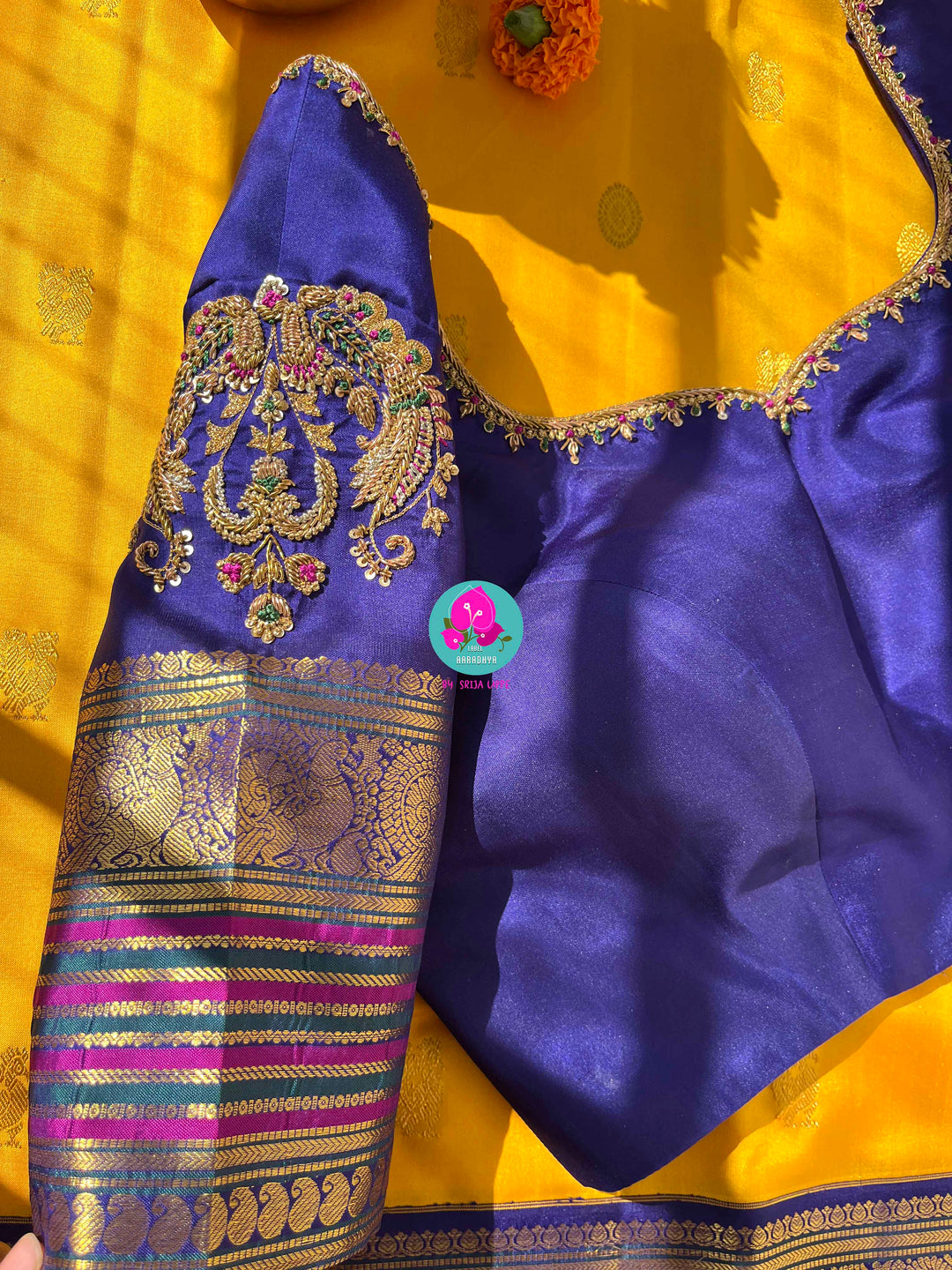 Suvarna Ganneru Splendor: Vintage Yellow Kanchipattu Saree with Artisan Blue Blouse