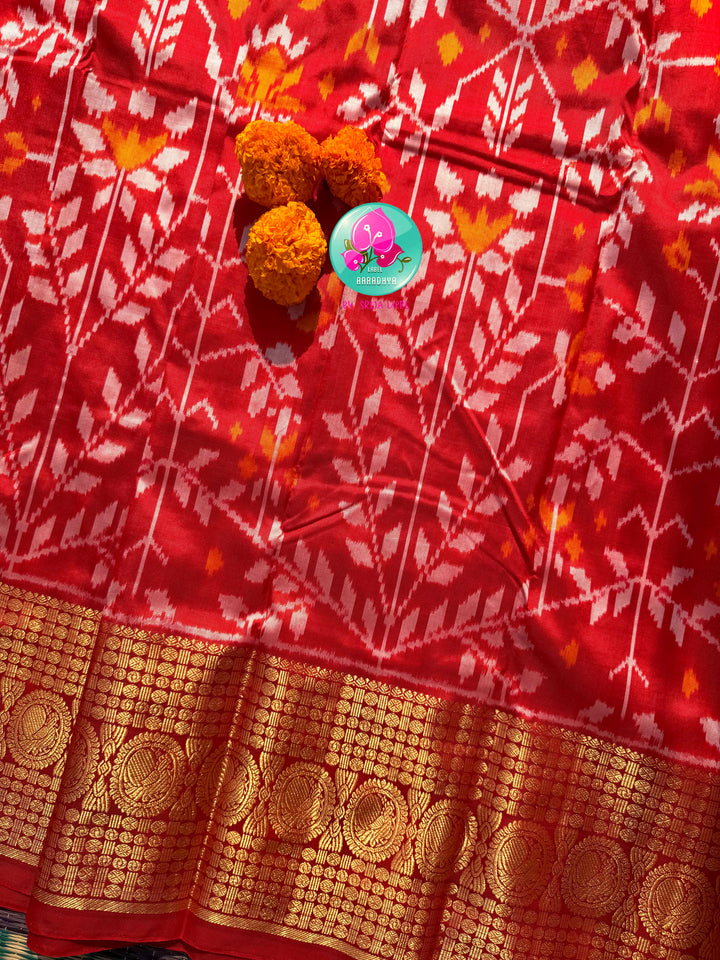 Crimson Flame & Gilded Glass: Bright Red Ikkat Silk with Kanchi Heritage