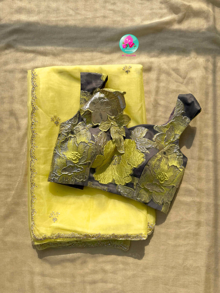 Luminous Zest: The Lemon Organza & Gunmetal Floral Cocktail Ensemble