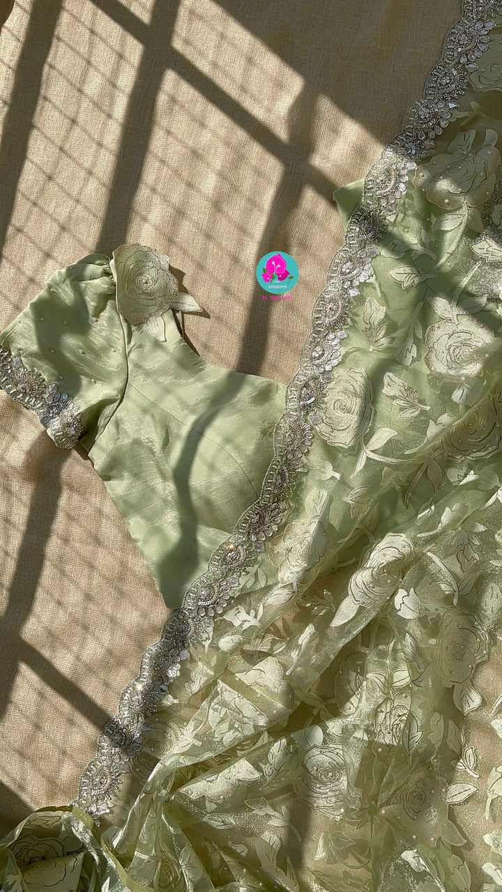 Brasso organza saree with hand embroidery paired with hand embroidered stitched blouse
