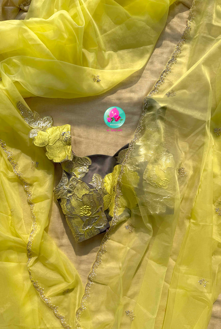 Luminous Zest: The Lemon Organza & Gunmetal Floral Cocktail Ensemble