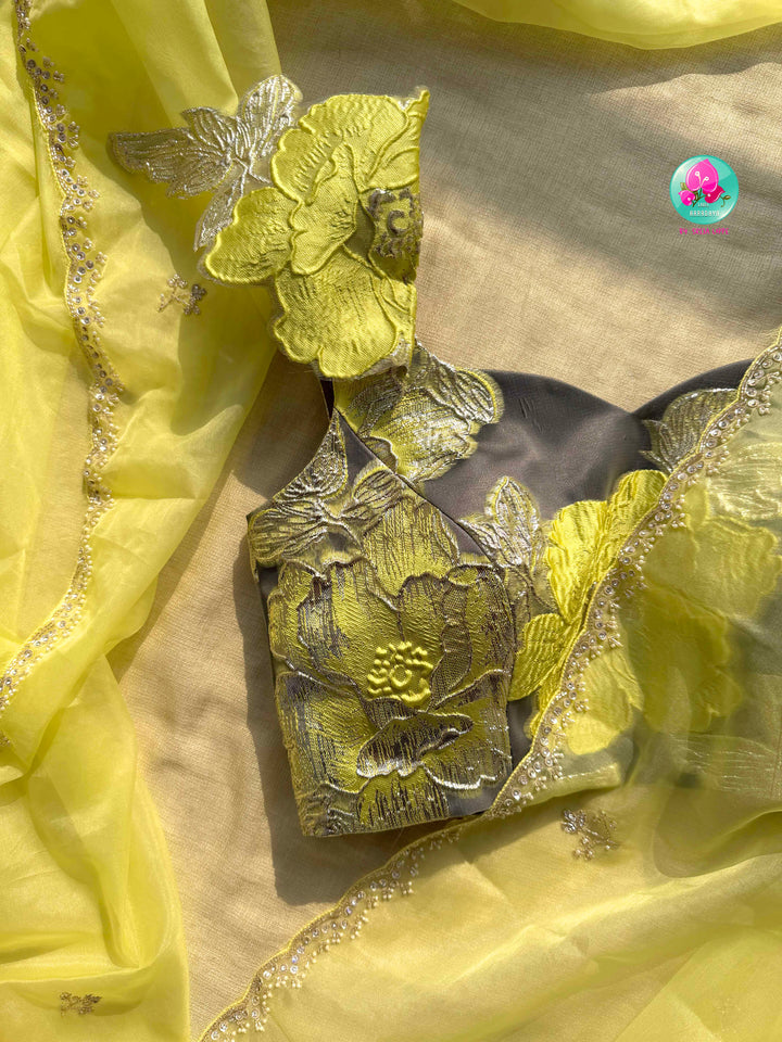 Luminous Zest: The Lemon Organza & Gunmetal Floral Cocktail Ensemble