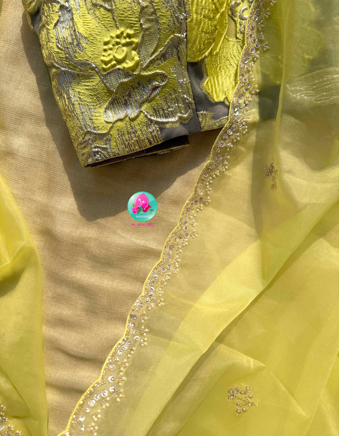 Luminous Zest: The Lemon Organza & Gunmetal Floral Cocktail Ensemble