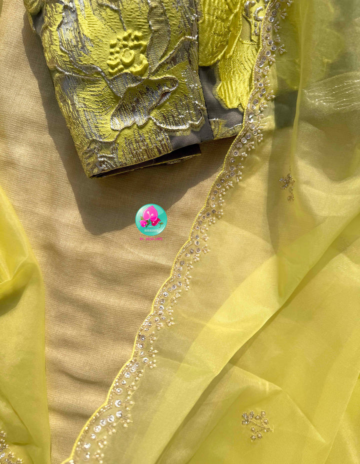 Luminous Zest: The Lemon Organza & Gunmetal Floral Cocktail Ensemble