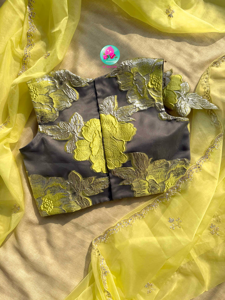 Luminous Zest: The Lemon Organza & Gunmetal Floral Cocktail Ensemble