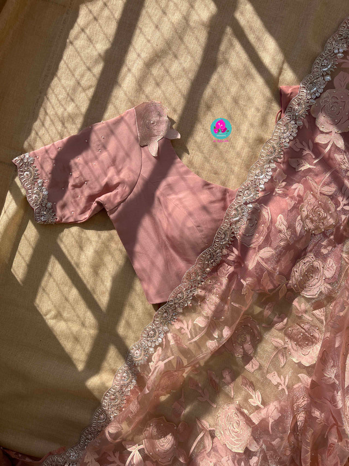 Brasso organza saree with hand embroidery paired with hand embroidered stitched blouse
