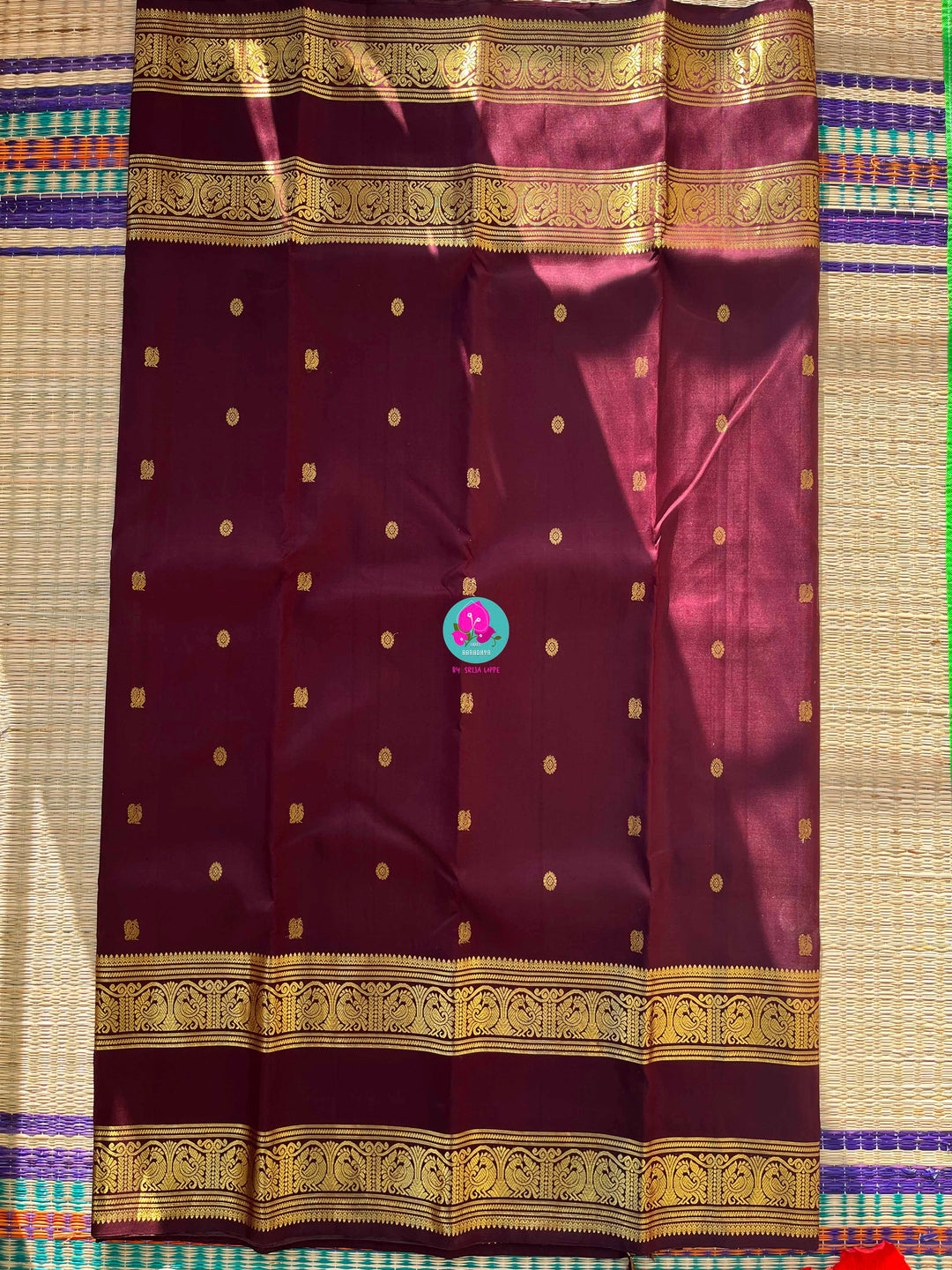 Kanchipuram 2g zari brown vintage saree with gap border and blouse
